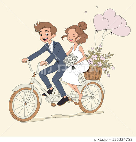 Happy couple riding tandem bicycle with heart balloons and flowers Happy couple riding tandem bicycle with heart balloons and flowers 135324752