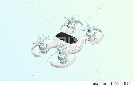 White Drone with Camera and Propellers. 3D Rendering. White Drone with Camera and Propellers. 3D Rendering. 135324894