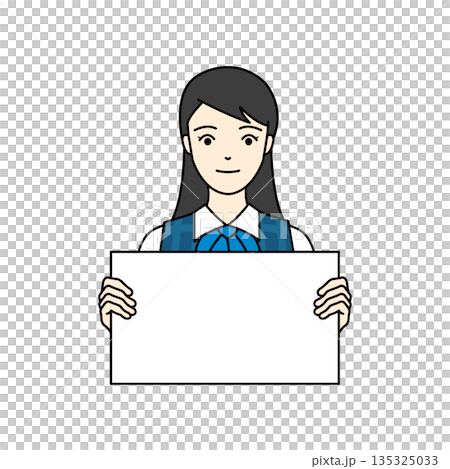 一位微笑的女上班族，身穿職業制服，手持白板 135325033