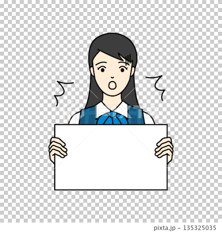 一位身穿職業制服的女上班族一臉驚訝地拿著一塊白板 135325035