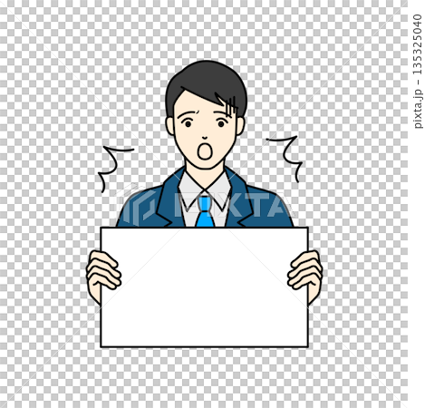 A businessman in a suit with a surprised expression holding a whiteboard 135325040