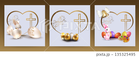 Happy Easter. Isolated design element with a heart silhouette, bunny, and Easter eggs 135325495