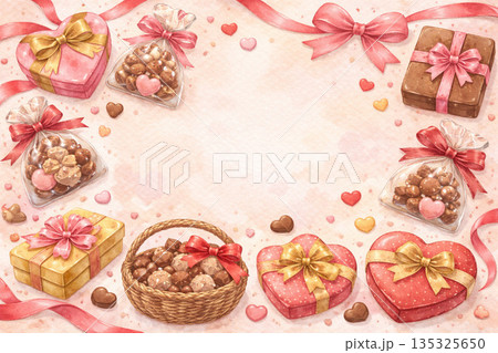 バレンタインシリーズ:チョコとリボンのバレンタイン水彩背景 バレンタインシリーズ:チョコとリボンのバレンタイン水彩背景 135325650