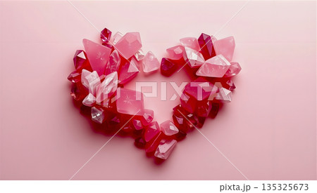 A heart of pink glossy finish crystals on a pastel pink background. The smooth, monochromatic surface, enhancing the contrast between the crystalline structure and the background 135325673