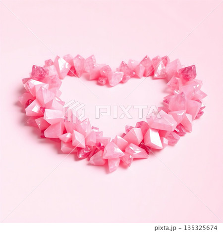 A heart of pink glossy finish crystals on a pastel pink background. The smooth, monochromatic surface, enhancing the contrast between the crystalline structure and the background 135325674