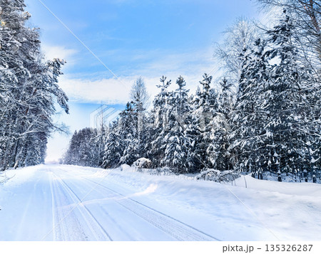 Winter landscape with road covered with snow in the forest 135326287