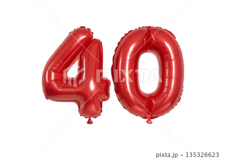 Glossy red foil balloon number 40, isolated on a transparent background. Great for 40th birthday parties, midlife celebrations, and fun events Glossy red foil balloon number 40, isolated on a transparent background. Great for 40th birthday parties, midlife celebrations, and fun events 135326623