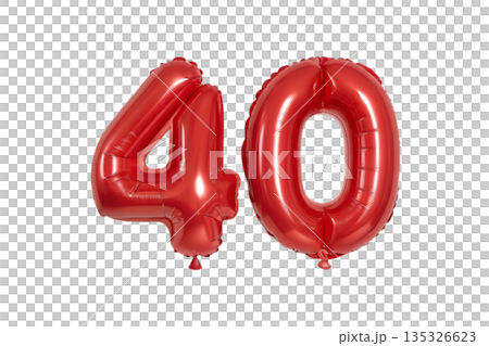 Glossy red foil balloon number 40, isolated on a transparent background. Great for 40th birthday parties, midlife celebrations, and fun events Glossy red foil balloon number 40, isolated on a transparent background. Great for 40th birthday parties, midlife celebrations, and fun events 135326623