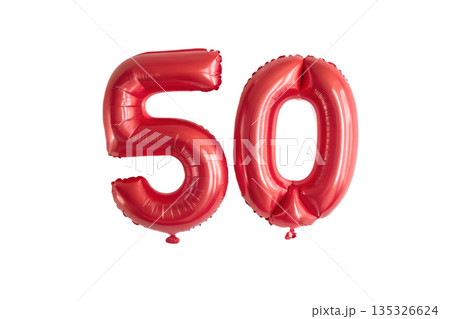Shiny red foil balloon in the shape of the number 50, isolated on a transparent background. Perfect for 50th birthday, anniversary, or milestone parties 135326624