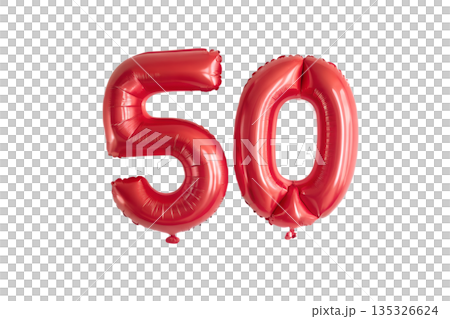 Shiny red foil balloon in the shape of the number 50, isolated on a transparent background. Perfect for 50th birthday, anniversary, or milestone parties 135326624