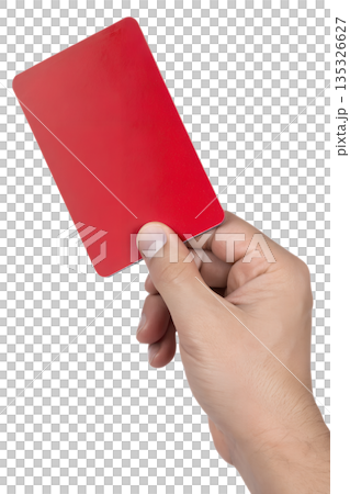 Referee's hand holding up bright red card for an immediate ejection, isolated on a transparent png background, sport concept 135326627