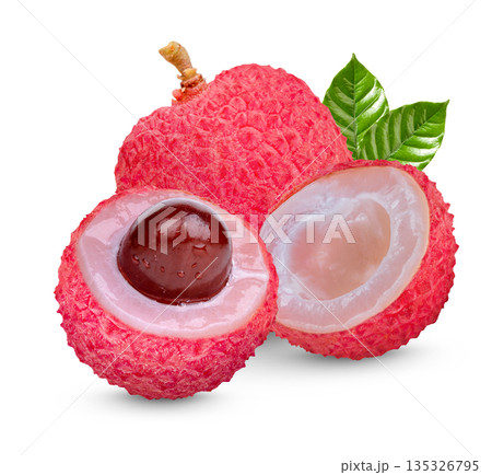 Fresh lychee with leaves isolated on white background Fresh lychee with leaves isolated on white background 135326795