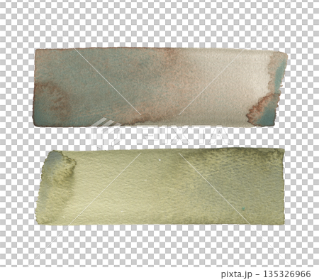 Two hand drawn wide abstract watercolor strokes Greenish brown, grassy, swampy, grayish green muted color with granular texture for artistic design element 135326966