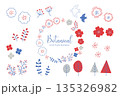 かわいいお花の北欧風手書きイラストセット　赤　青 135326982