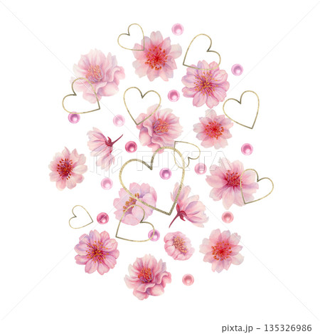 Gold hearts with pink blooming sakura flowers, pearls. Watercolor illustration clipart for weddings, Valentine's Day, Mother's Day, birthdays, Hanami, frames, borders, cards, invitations, greetings Gold hearts with pink blooming sakura flowers, pearls. Watercolor illustration clipart for weddings, Valentine's Day, Mother's Day, birthdays, Hanami, frames, borders, cards, invitations, greetings 135326986