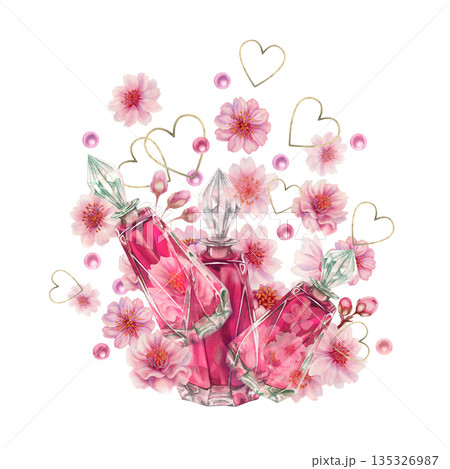 Pink flowers of cherry blossoms, glass perfume, gold hearts, pearls. Watercolor illustration templates for weddings, Valentine's Day, Mother's Day, birthdays, Hanami, frames, borders, postcards 135326987