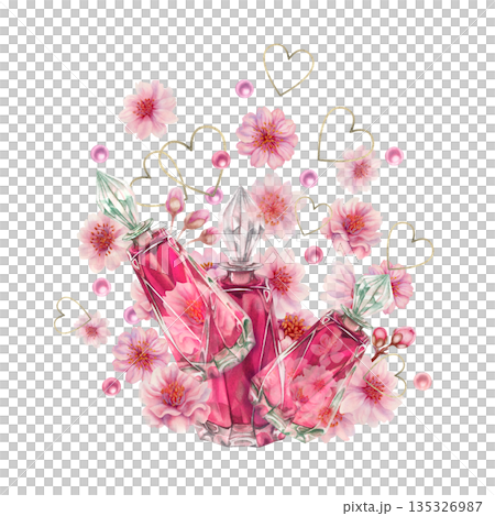 Pink flowers of cherry blossoms, glass perfume, gold hearts, pearls. Watercolor illustration templates for weddings, Valentine's Day, Mother's Day, birthdays, Hanami, frames, borders, postcards 135326987