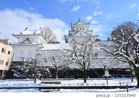 晴天の雪景色と天守閣（大垣城） 135327048
