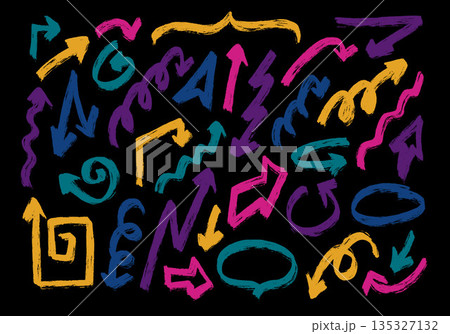 Rough paintbrush scribble arrows. Hand-drawn crayon elements on blackboard. Various sketched arrows with grunge textured strokes. Vector set of design objects drawn with a scratching marker pen. 135327132