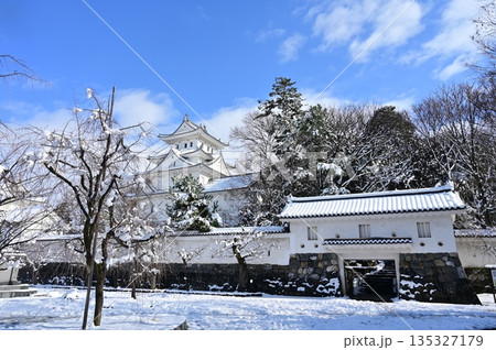 晴天の雪景色と大垣城 135327179