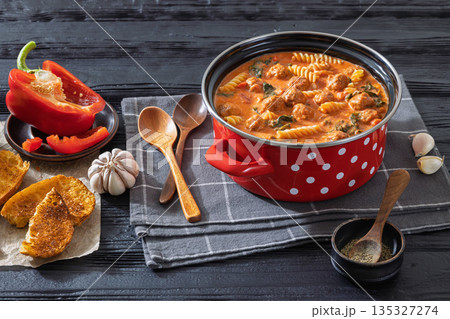 Italian Meatball Fusilli Soup with Toast Top View 135327274