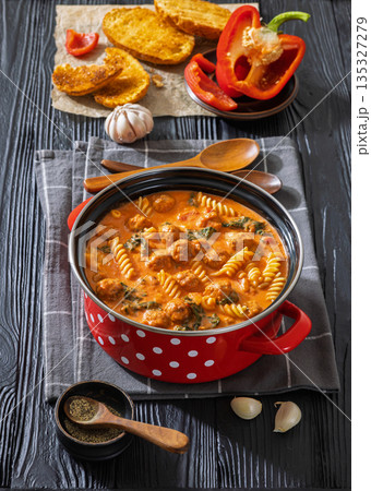 Italian Meatball Fusilli Soup with Toast Top View 135327279