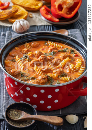 Italian Meatball Fusilli Soup with Toast Top View Italian Meatball Fusilli Soup with Toast Top View 135327280