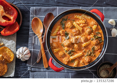 Italian Meatball Fusilli Soup with Toast Top View Italian Meatball Fusilli Soup with Toast Top View 135327286