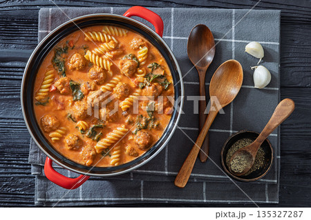 Italian Meatball Fusilli Soup with Toast Top View 135327287