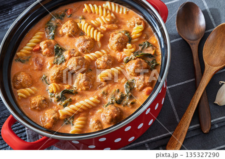 Italian Meatball Fusilli Soup with Toast Top View Italian Meatball Fusilli Soup with Toast Top View 135327290