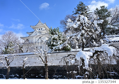 雪景色と晴天の大垣城 135327344