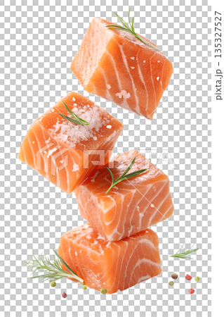 Fresh, vibrant raw salmon cubes levitating with sprigs of rosemary and sea salt crystals, isolated. Perfect for healthy recipes and gourmet concepts Fresh, vibrant raw salmon cubes levitating with sprigs of rosemary and sea salt crystals, isolated. Perfect for healthy recipes and gourmet concepts 135327527