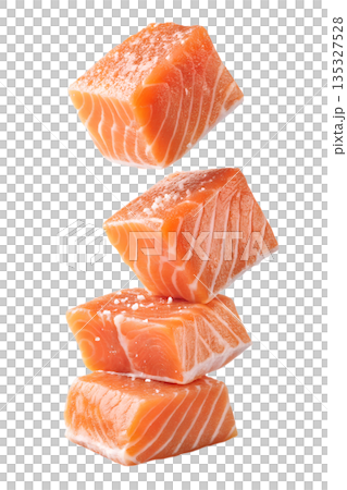 Levitating cubes of raw salmon fillet isolated. Versatile for recipe graphics, protein focus, minimalist food design 135327528