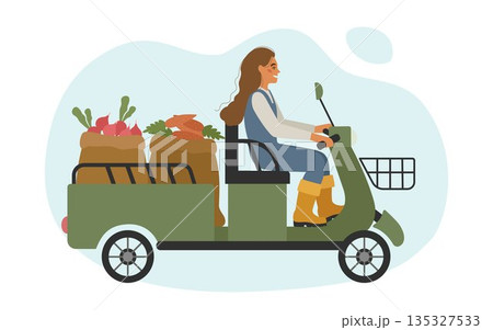 Harvesting. A farmer girl carries ripe carrots and radishes on an electric scooter with a body. Vector illustration of rural works. 135327533