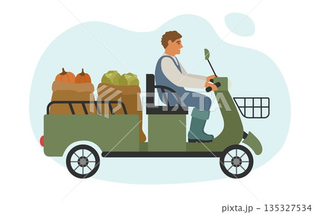 Harvesting. A farmer drives ripe pumpkins and cabbages on an ele 135327534