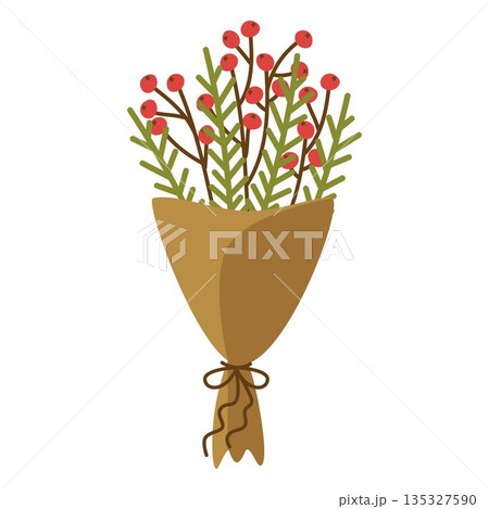 Bouquet of fir green twigs and red ripe berries. Bouquet of fir green twigs and red ripe berries. 135327590