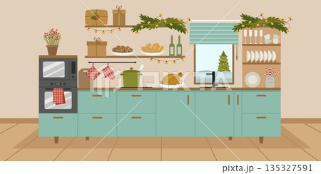 Cozy kitchen interior with a window for Christmas. Cozy kitchen interior with a window for Christmas. 135327591