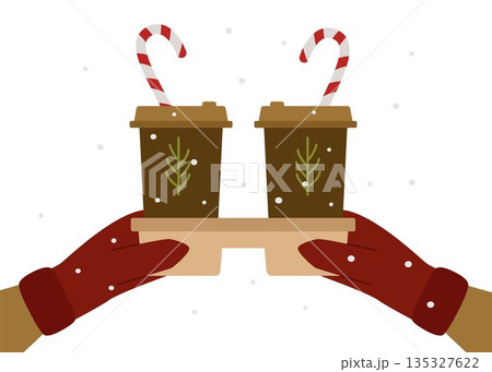 He holds coffee in paper cups in his hands. Close-up. Decorated with a lollipop stick. Vector winter illustration. 135327622