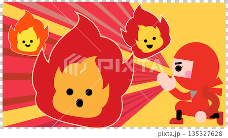 一幅可愛的忍者角色使用火遁忍術的插圖 135327628