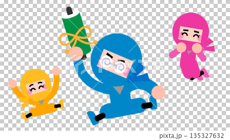 巻物を掲げて喜ぶかわいい忍者キャラクターのイラストセット 135327632