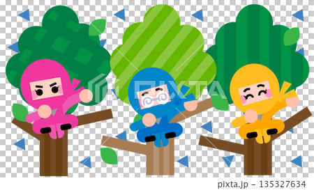 一組可愛的忍者角色在樹上訓練的插畫 135327634