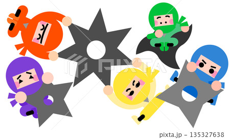 手裏剣を投げて戦うかわいい忍者キャラクターのイラストセット 手裏剣を投げて戦うかわいい忍者キャラクターのイラストセット 135327638