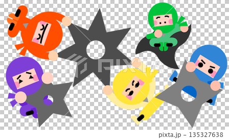 手裏剣を投げて戦うかわいい忍者キャラクターのイラストセット 手裏剣を投げて戦うかわいい忍者キャラクターのイラストセット 135327638