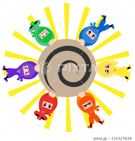 円形に並んで修行するかわいい忍者キャラクターのイラストセット 円形に並んで修行するかわいい忍者キャラクターのイラストセット 135327639