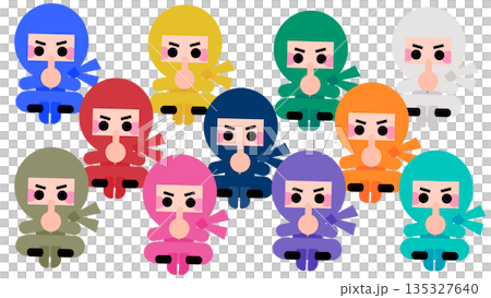 一組色彩和姿勢各異的可愛忍者角色插畫 一組色彩和姿勢各異的可愛忍者角色插畫 135327640