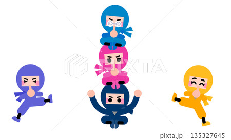 バランスを取りながら積み上がるかわいい忍者キャラクターのイラストセット 135327645