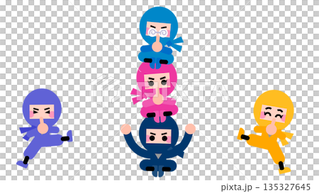 バランスを取りながら積み上がるかわいい忍者キャラクターのイラストセット 135327645