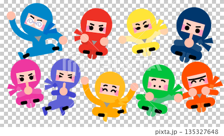 ポーズと色が豊富なかわいい忍者キャラクターのイラストセット ポーズと色が豊富なかわいい忍者キャラクターのイラストセット 135327648