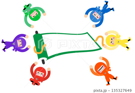 巻物を囲んで集まるかわいい忍者キャラクターのイラストセット 135327649