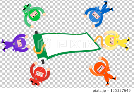 巻物を囲んで集まるかわいい忍者キャラクターのイラストセット 135327649